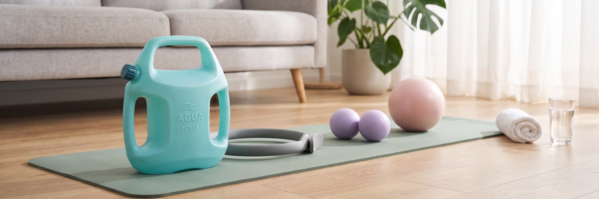 An aqua AguaForce water-filled weight on a Pilates mat next to a Pilates ring, two lavender toning balls and a small pink Pilates ball in a bright living room