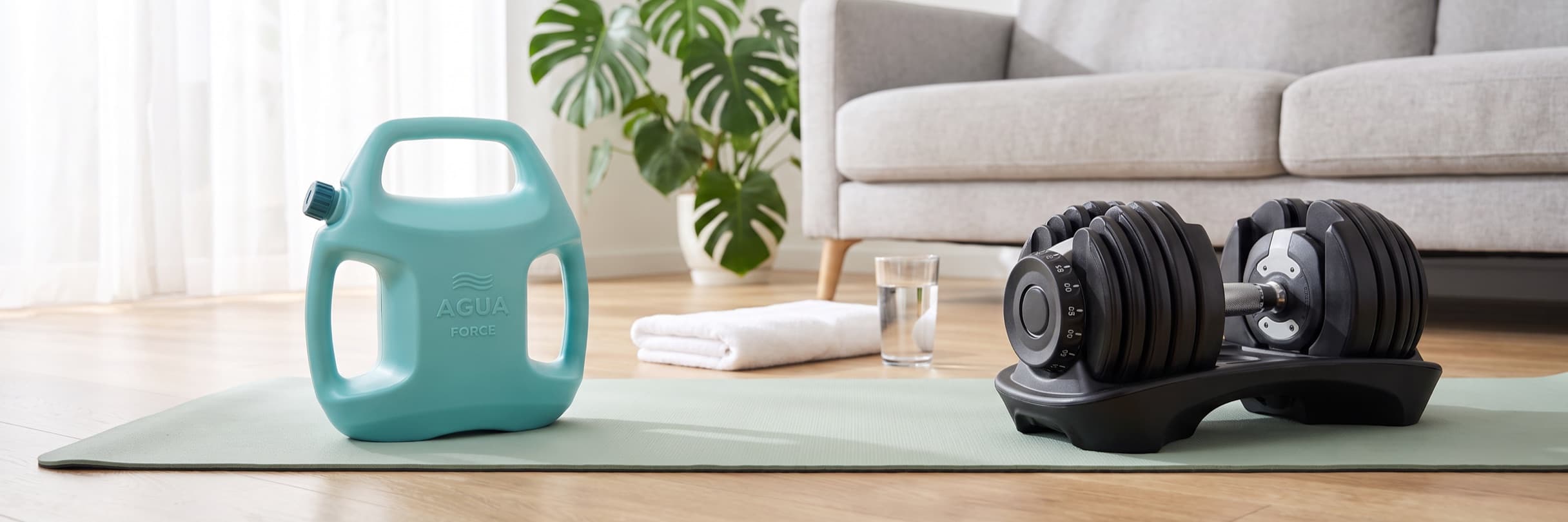 An aqua AguaForce water-filled weight and a black adjustable dumbbell in its tray on a yoga mat in a bright living room