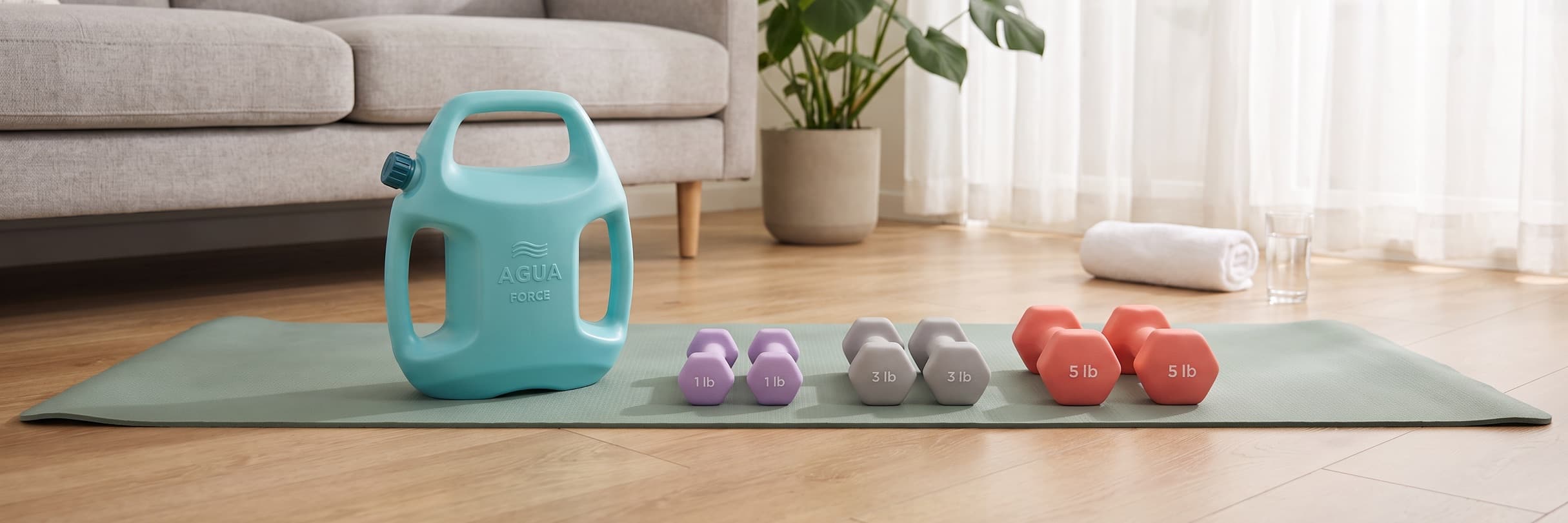 An aqua AguaForce water-filled weight and pairs of 1, 3 and 5 lb neoprene dumbbells on a yoga mat in a bright living room
