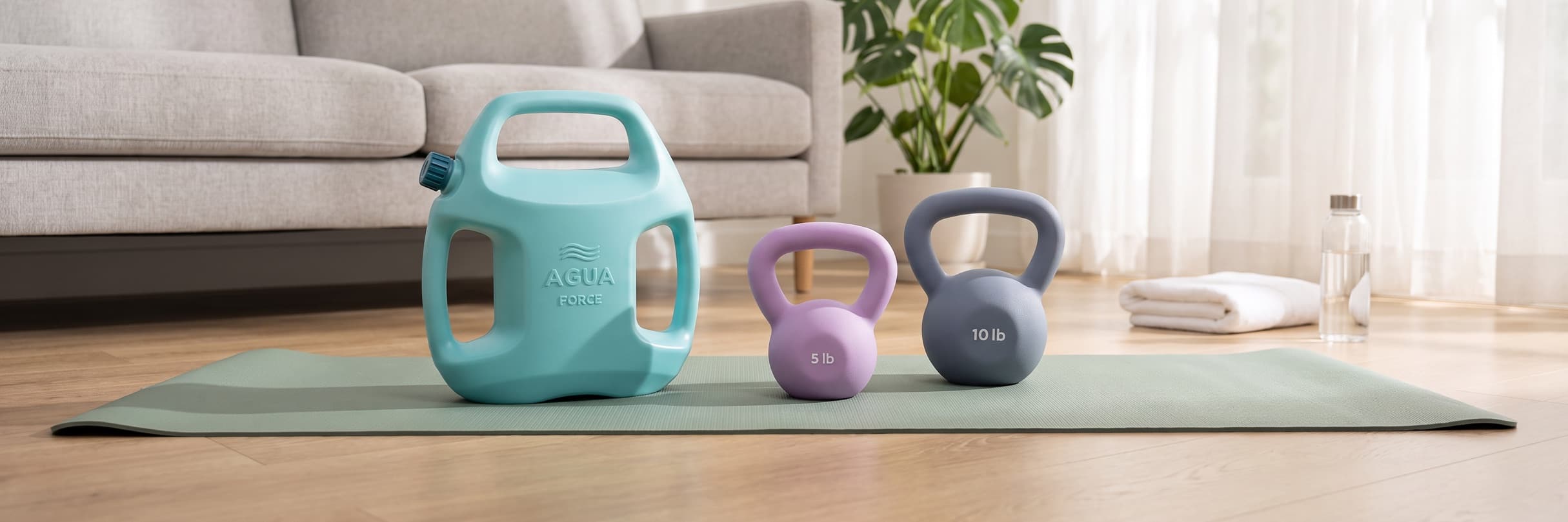 An aqua AguaForce water-filled weight and 5 and 10 lb vinyl kettlebells on a yoga mat in a bright living room